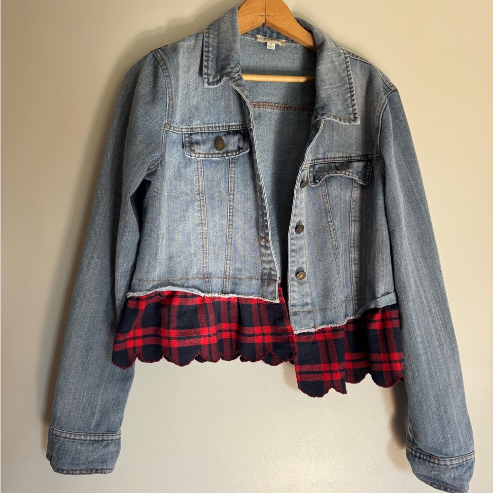 Y2K Umgee Denim Jacket with Red Plaid Trim